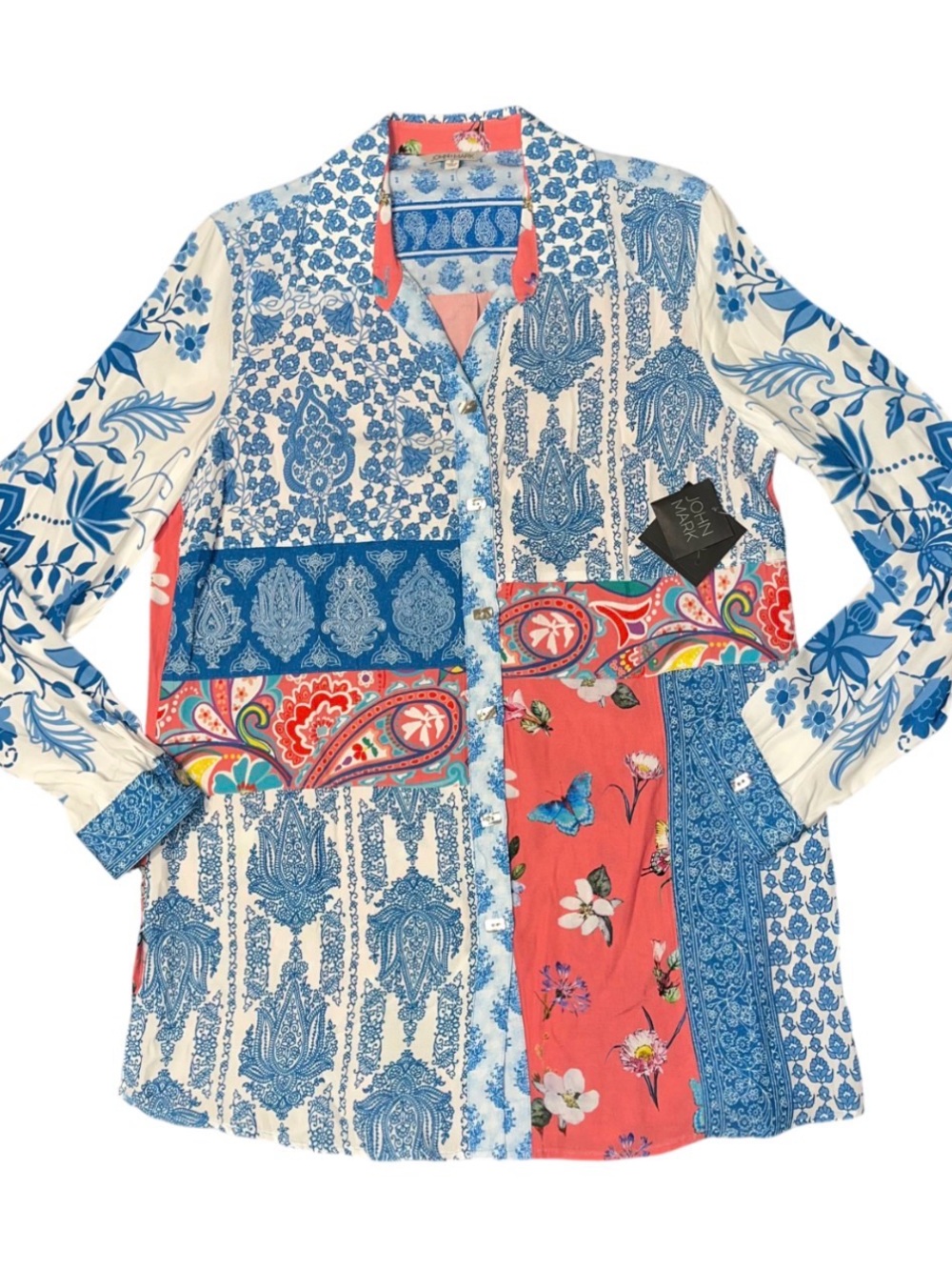 John Mark Boho Patchwork Button Blouse Blue White Collar Floral Ladies Small NWT